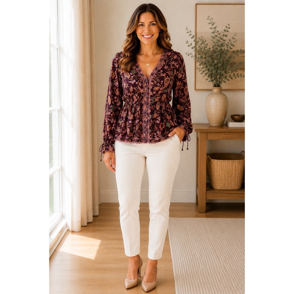 Democracy Pink Embroidered Trim Peplum Top Boho Beach Artsy Unique Top EE16